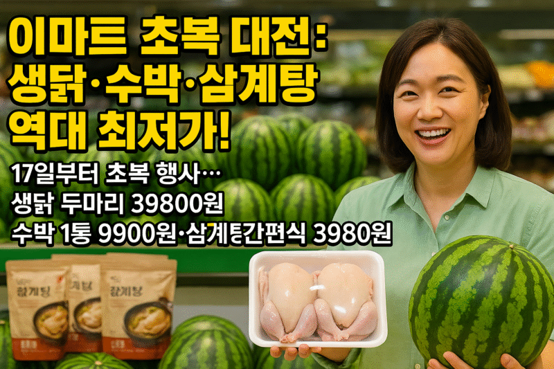 1. 이마트 초복 대전, 생닭·수박·삼계탕 역대 최저가로 장바구니 물가 잡기!